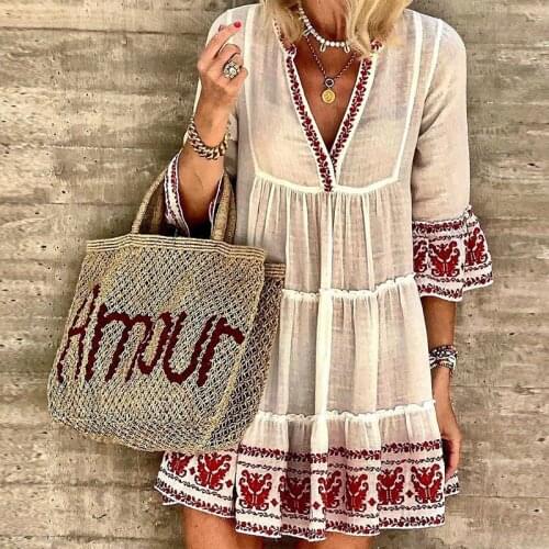 DUISNENA mini boho dress V-neck embroidered summer dress linen women dresses robe vestidos