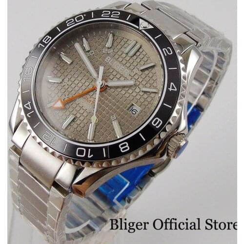 BLIGER Self Winding Men Wristwatch Grey Sapphire Glass GMT Date Function Mental Bracelet Ceramic Bezel