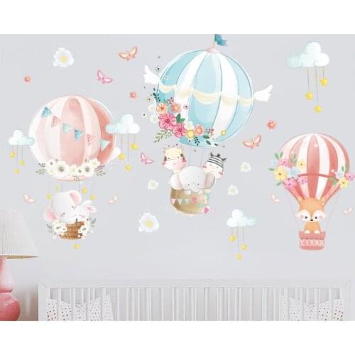 Light Pink Blue Hot Air Balloon Wall Stickers Cartoon Calf Elephant Fox Wallpaper For Kids Bedroom Warm Home Decoration