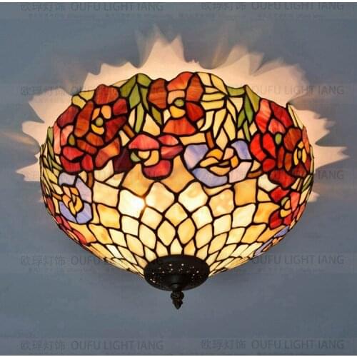16 Inch Flesh Country Flowers Tiffany ceiling light Stained Glass Lamp for Bedroom E27 110-240V