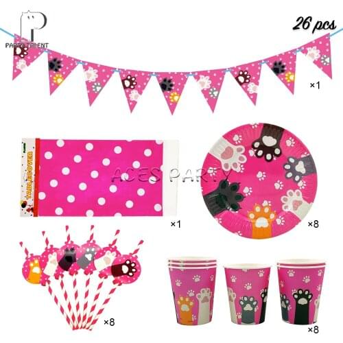 Party supplies 26pcs for 8kids pet cat footprint theme birthday party decoration tableware set, plate+cup+straw+flag+tablecover