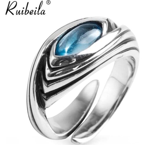 Ruibeila925 bague ouverte de topaze de l'oeil de Dieu en argent unisexe taille réglable bijoux bague de pierres précieuses