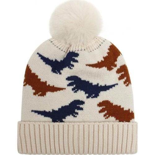 Baby Beanie Cap Cartoon Dinosaur Pattern Plush Ball Autumn Winter Warm Soft Curling Edge Knitted Toddler Hat for Birthday Party