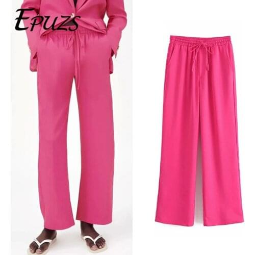 Za 2021 Woman Pants Rose Red Elastic High Waisted Trousers Women Summer Chic Loose Pocket Straight Pants