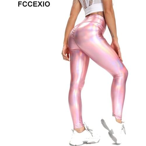 FCCEXIO Women Pink PU Leather Leggings Laser Pencil Pants Push Up High Waist Sexy Skinny Butt Lifting Workout Fitness Trousers