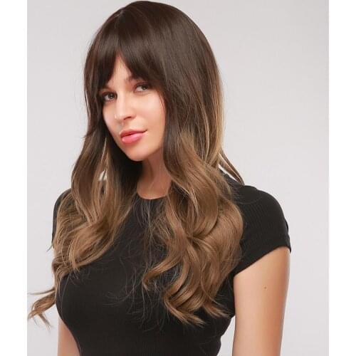 Women 28 Inch Long Wavy Curly Synthetic Wigs with Bangs Cosplay Brown Blonde Wigs for Women Heat Resistant Fiber Hair Extension