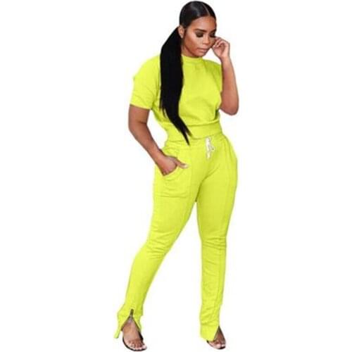 2020 New Fashion Workout 2 Two Piece Set Women Ribbed O Neck Short Sleeve Top And Long Pants Set Sexy Autumn Tracksuit Women Set