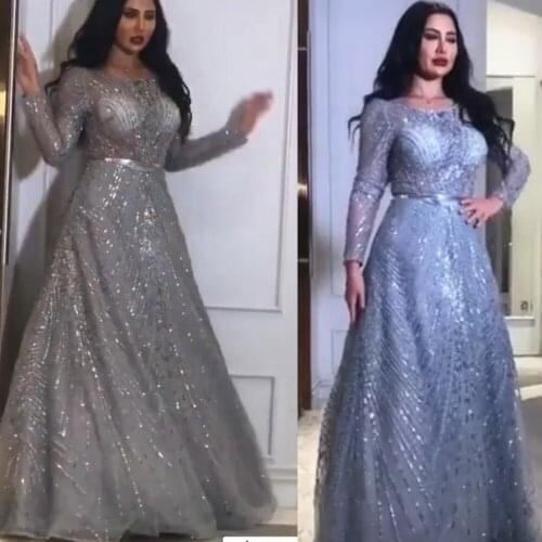 Sparkly prom dresses 2020 sliver long sleeve a line evening dresses formal dresses evening gowns shinning sliver