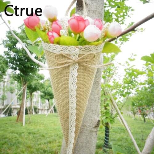 12pcs/lot burlap jute Hessian Pew Cone Flower Holder Christmas rustic wedding centerpieces vintage wedding decoration