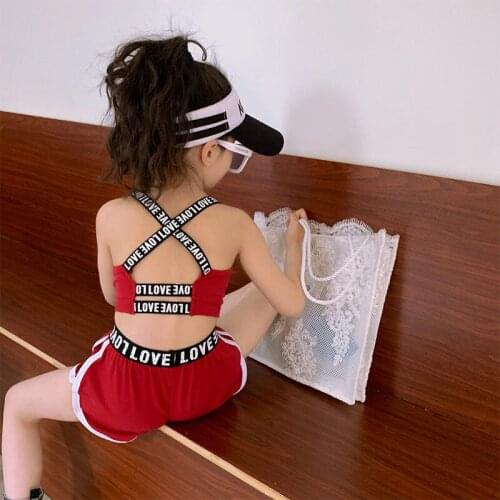 2021 Summer girls Two-pieces sets crop vest + shorts kids suit children streetwear letter print backless elatic strap 3-13 Years