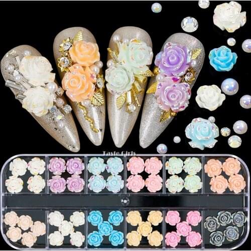 54PCS Glitter AB Colorful Rose 3D Flower Nail Art Supplies Acrylic Flowers for Nails Accessoires Nails Decorations Manicure DIY