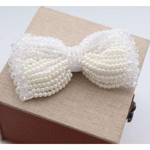 White Bow Beads Applique Embroidery Patch For Clothing Motif Sew On Hairband Patches DIY Garment Decoration Accessories