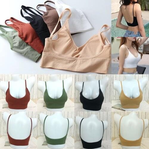 New Women Soft Basic Plain V neck Spaghetti Strap Stretchy Pad Vest Backless Strappy Bralet Solid color Sport Cami Bra Crop Top