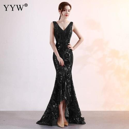 Black Geometric Sequin V Neck Long Mermaid Dresses Women Formal Party Evening Dress 2020 Sexy Bodycon Club Wear Elegant Vestidos