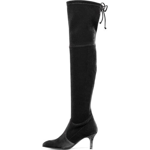 LOVIRS Long Thigh Boots, Womens Stiletto Mid Heels Over The Knee Boots Pointed Toe Lace Up Stretchy Thigh High Boots