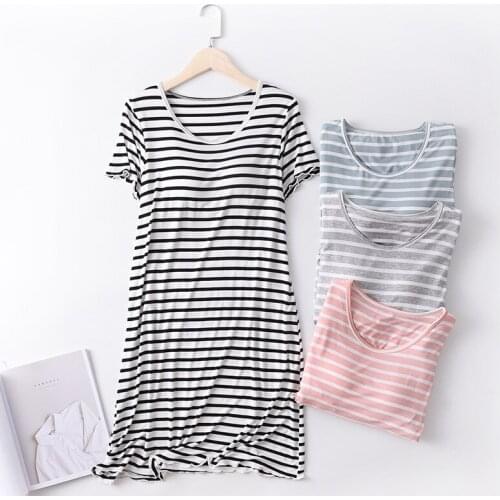Modal Nightdress Women Sexy Striped Bra Short Sleeve Fashion Homewear Casual Clothes 2020 Fashion Loose Pjs