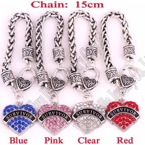 SURVIVOR Awareness Alert Medical sign Crystal Heart Charm With 15CM Wheat Chain Lobster Claw Bracelet Childrens Jewelry