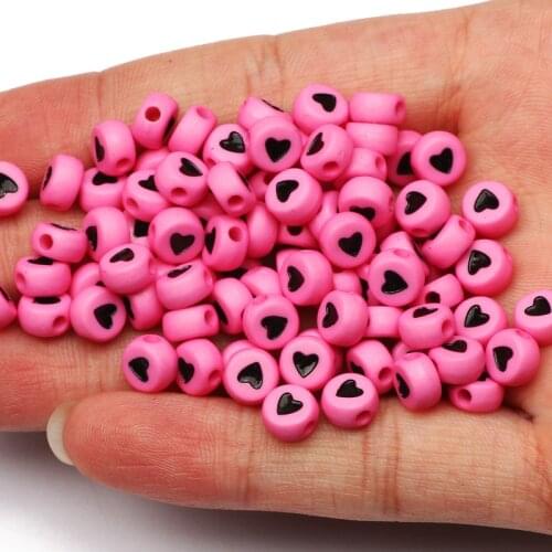Pink Round Acrylic Spacer Beads 4x7mm Black Heart Loose Spacer Beads for Jewelry Making DIY Necklace Bracelet Beaded Accessories