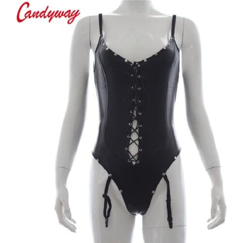 Fetish Rivet Bandage Decoration Black Sexy Backless Hollow Out babydoll Sexy Suspender Belt erotic lingerie BDSM Bustiers