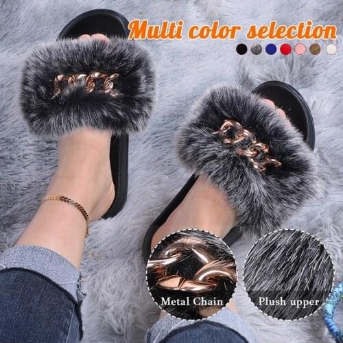 Fox Sandals Furry Fur Slippers Fluffy Flip Flops Chain Real Fur Slides For Women Ladies House Slippers Beach Flat Shoes