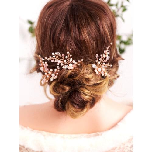 Bridal Headwear Rose gold Rhinestones Crystal Pearls Hair Pin for Wedding set of Headdress of women Ornaments