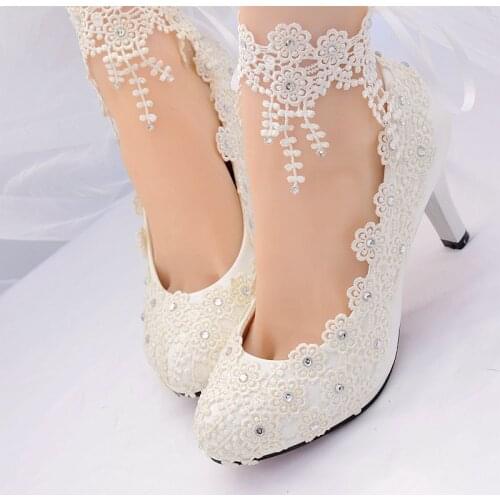 Ivory lace crystal ankle straps woman wedding shoes HS383 bride platforms plus size 8cm 3 inch heeled tassel bridal brides pumps