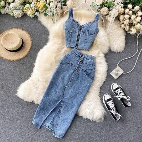 2021 Fashion New Women Denim 2 Piece Set Sexy Sleeveless Jeans Vest+Skirts Sets Straps Tops Buttons Denim Skirt Suits
