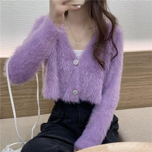 White Mohair Cardigan Sweater Coat Autumn Women V-Neck Long Sleeve Purple Crop Sweater Woman Sweet Loose Button Up Short Jackets