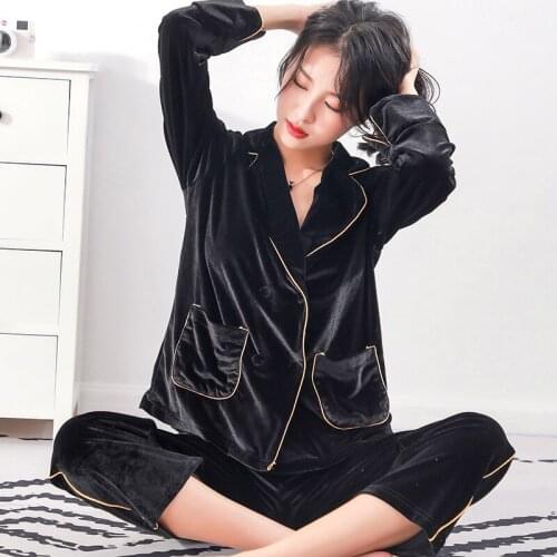Women Velour Pajamas Set Sexy Turn Down Collar Homewear Full Sleeve Pant Loose Sleep Suit Warm Nightwear Thicken Sleepwear