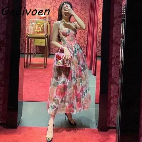 Gedivoen Fashion Runway Summer Mesh Dress 2021 Women Sexy Spaghetti Strap High waist Printed Bohemian Vacation New Dress