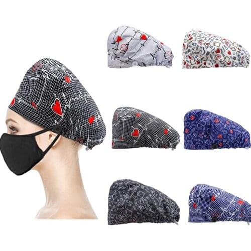 1pc Adjustable Nurse Hat Buttons Bouffant Sanitary Cap with Sweatband Heart Printing Nursing Beauty Salon Scrub Cap Women