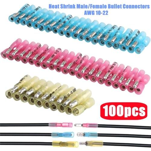 100pcs Insulated Heat Shrink Wire Connectors Female and Male Bullet Connector Terminal Eletrico 22-10 AWG