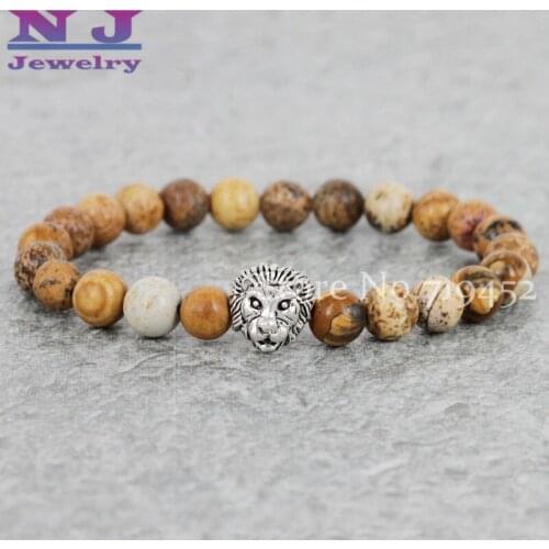 2015 New Design Jewelry Wholesale 10pcs/lot 8mm Natural Picture Stone Stone Beads Antique Gold Lion Head Bracelets, Mens gift