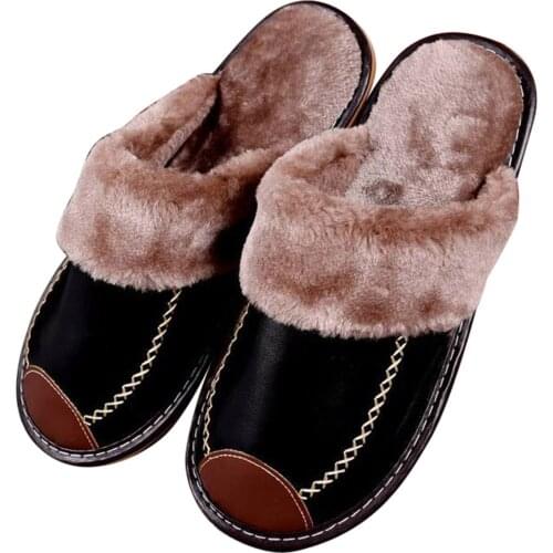 The Alpha Slippers Plush Lining PU Leather Upper Unisex Men Women Warm Slippers H9