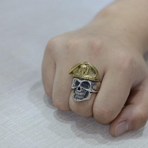 Authentic 925 Sterling Silver Skull Head Mens Rings Biker With Cap Vintage Punk Rock Male Jewelry Gothic Skeleton