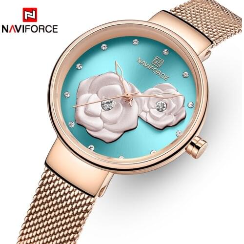 NAVIFORCE New Watches for Women Top Brand Beautiful Flower Quartz Female Wristwatch Stainless Steel Mesh Waterproof Girl Clock