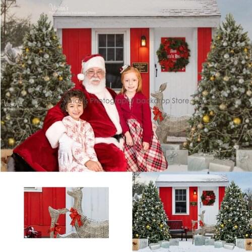 Red House Christmas Backdrop Child Photography Props Kids Reindeer Gift Tree Birthday Baby Portrait Background Decor Photostudio