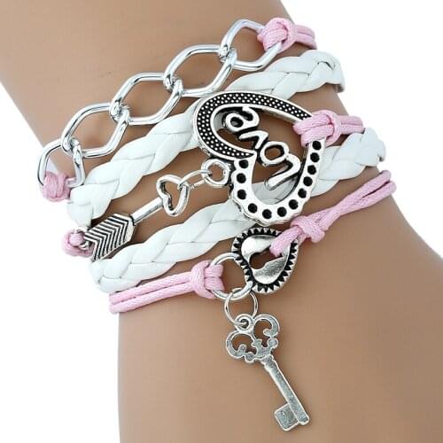 Gnova Fashion Woman Light Pink Leather Cord Bracelet Heart Love Key Charm Paracord For Girls Teen