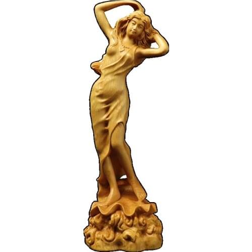 Boxwood carved curly hair beauty god living room car decoration crafts wooden figures home accessories Wenwan