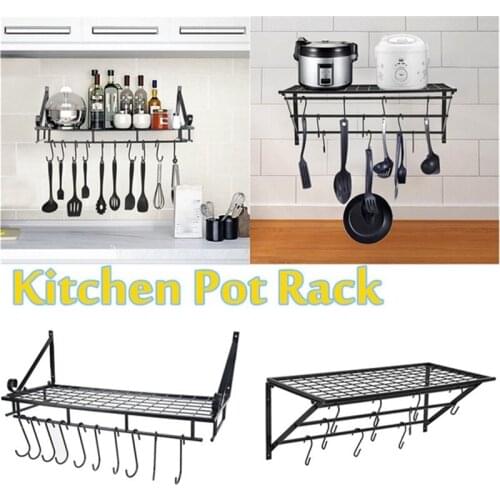 Kitchen Racks Wall Mounted Pot Pan Holders Iron Metal Spoon Scoop Shelves Pots Pan Hanging Storage Organizer Hooks