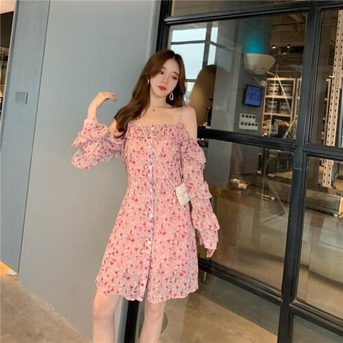 Long Sleeve Summer Dresses Print Slash Neck Womens Clothing Ruffles Sweet Style Chiffon Off Shoulder Short Dress Woman Fashion