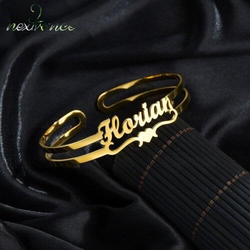 Nextvance Customized Name Heart Nameplate Bracelet Stainless Steel Personalized Adjustable Cuff Bangles for Women Girls Gift