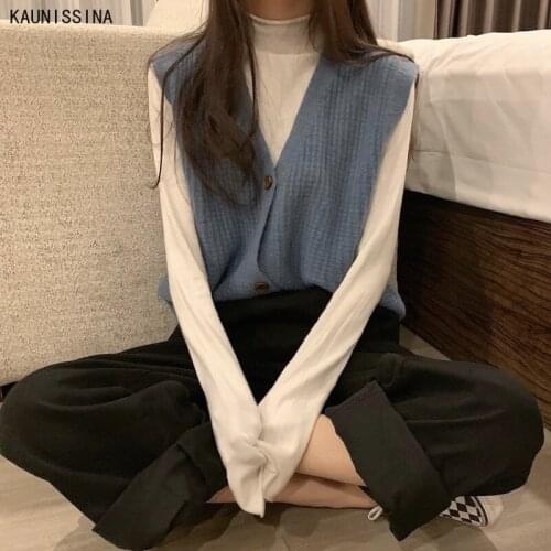 Autumn New Sweaters Vest Korean Single Breasted Cardigan Vests Loose V-neck College Students Cardigan Solid Chic Knitted Vest