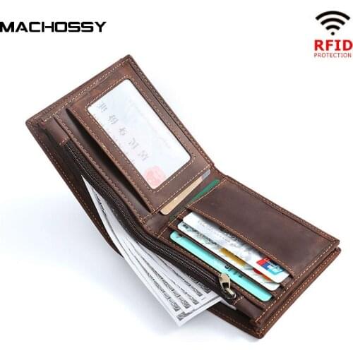 New RFID Protection Genuine Leather Wallet Men Short Coin Wallet Card Holder Purse Matte Leather Male Wallet Zipper Pocket