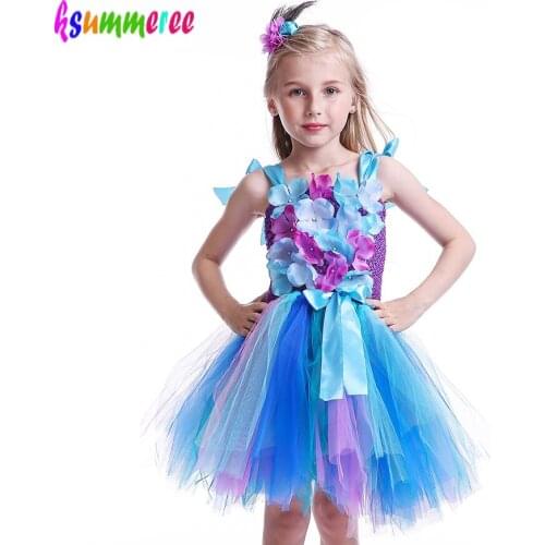 Girls Princess Peacock Flower Tutu Dress Children Fairy Floral Costume Baby Purple Blue Christmas Gifts Clothing Kids Pavo TUTU