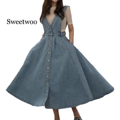 Summer Autumn Women Denim Dress Sundress Casual Loose Overalls Dresses Female Solid Adjustable Strap Jeans Dress