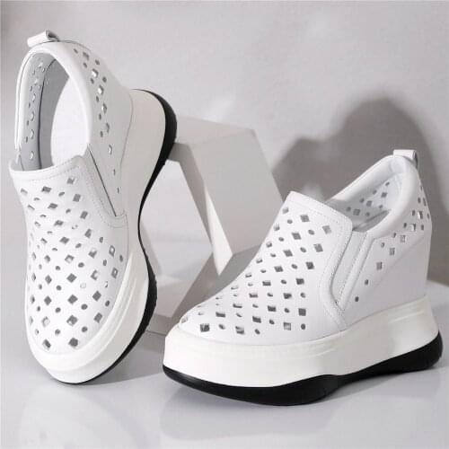 Summer Casual Shoes Women Genuine Leather Wedges High Heel Pumps Shoes Female Round Toe Fashion Sneakers Breathable Trainers