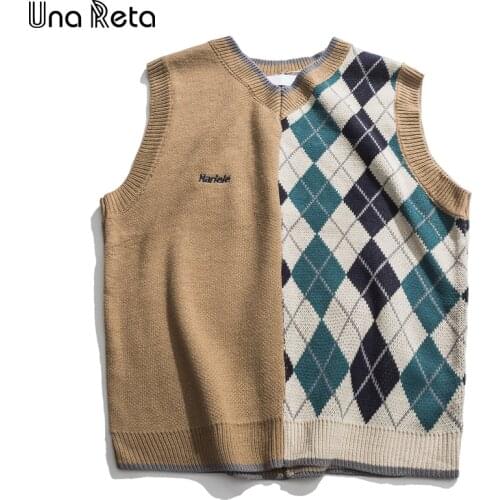 Una Reta Sweater Vest Men New Streetwear Mens Vests Pullover Men Fashion Geometry Sleeveless Sweater Patchwork Mens Sweater