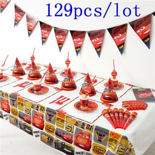 High Quality Disney Cars 129Pcs/lot Cup+Plate+Napkin+Horns+Banner Kid Birthday Lightning McQueen Tableware Set Decoration Supply