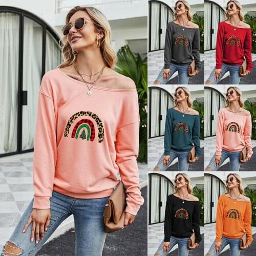 Womens round neck long-sleeved solid color cotton, linen rainbow and Christmas tree pattern casual loose fashion T-shirt